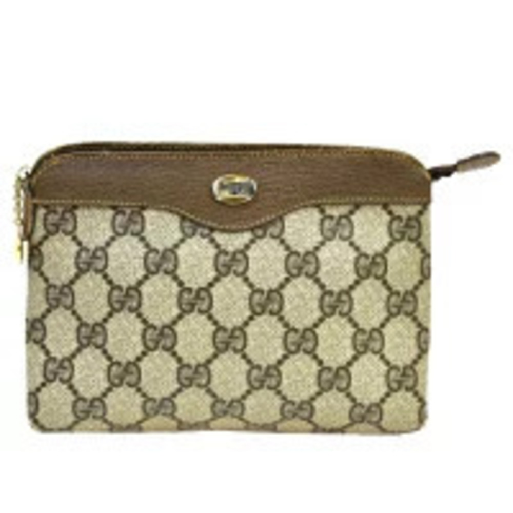 Gucci Cosmetic Pouch Clutch Bag GG Brown Leather